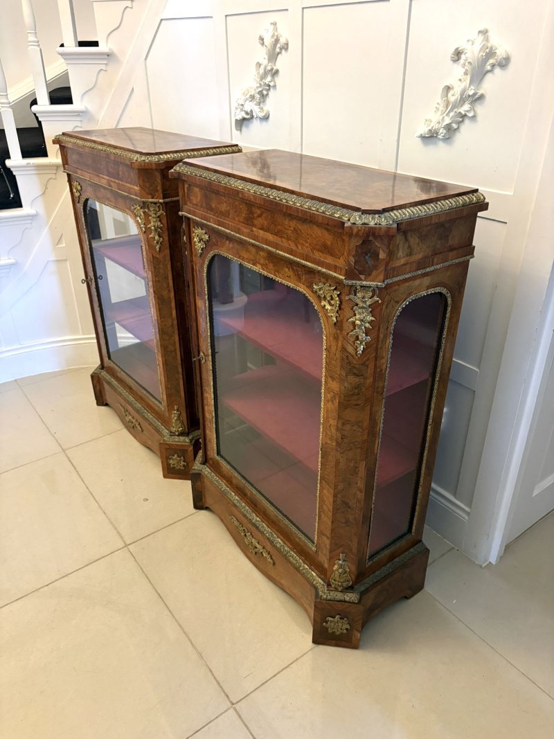 Antique Exceptional Pair of Victorian Burr Walnut Pier Cabinets with Ormolu Mounts - Image 5